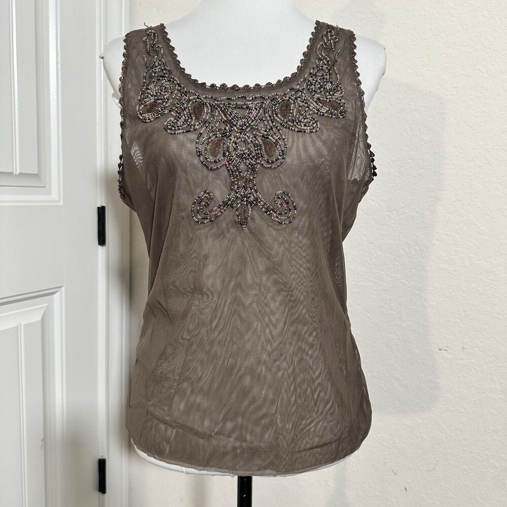 Votre Nom taupe Sheer Micro mesh Beaded Boho Tank - Women's Large